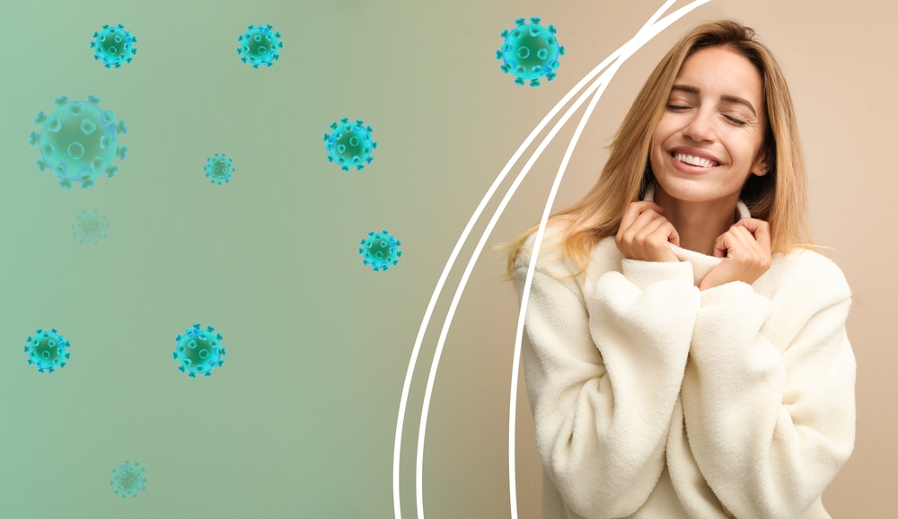 Woman with strong immunity surrounded by viruses on color background, banner design
