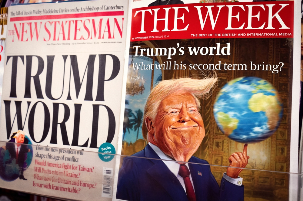 London,UK-16 November 2024: Donald Trump headlines - News Magazine headlines covering second term of president Donald Trump, his world view and foreign policy following presidential election victory.
