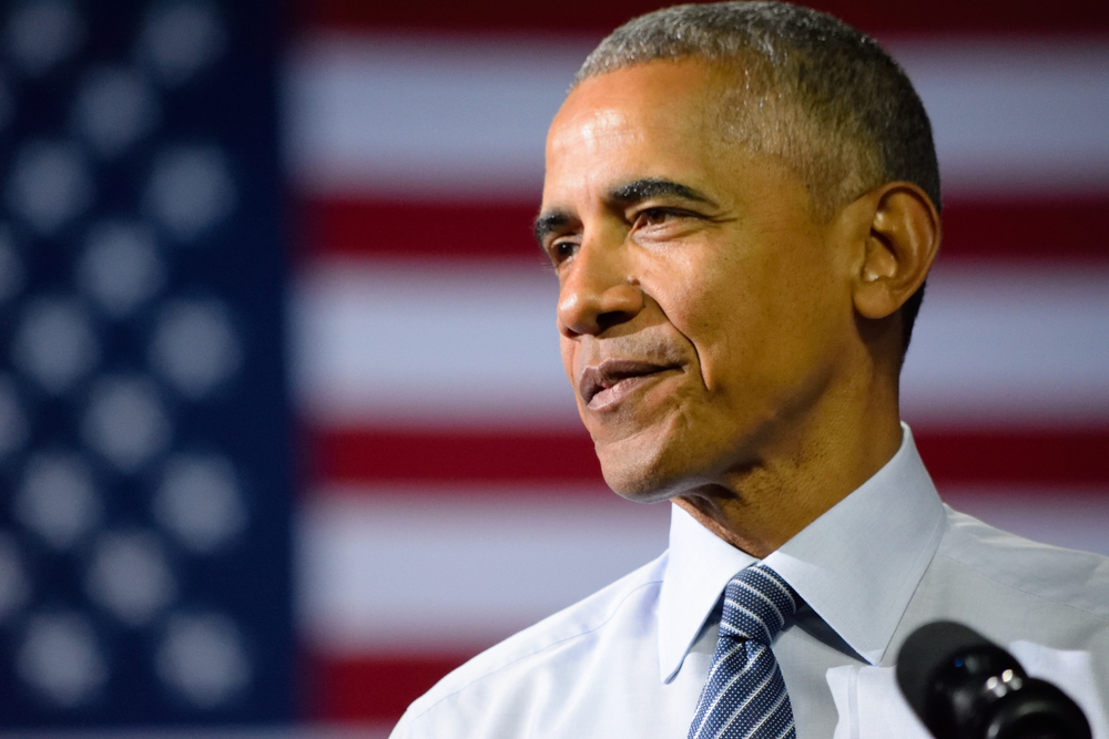CHARLOTTE, NC, USA - JULY 5, 2016: President Barack Obama with the US flag in the background as he delivers a speech at a campaign rally for the presumptive democratic nominee in Charlotte.
