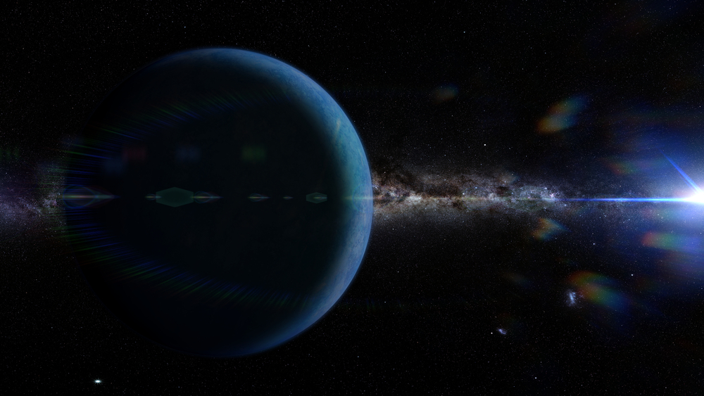 the hypothetical planet nine in front the Milky Way galaxy and lit by the Sun (3d illustration background, elements of this image are furnished by NASA)
