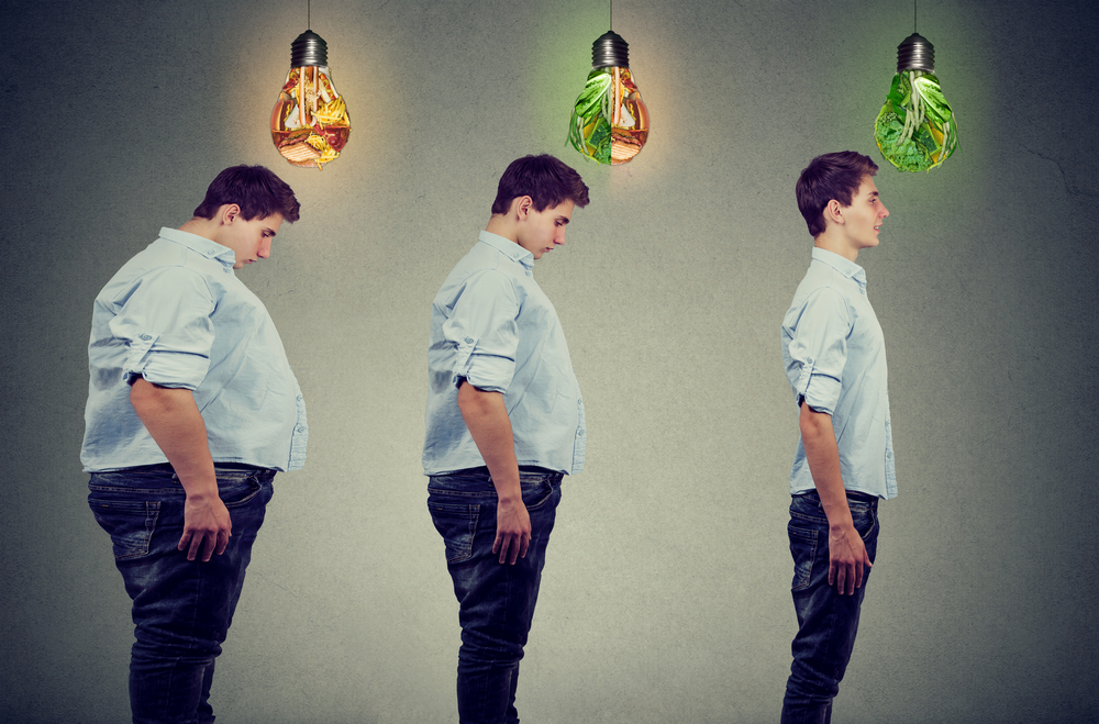 Dieting before and after concept. Young fat man becoming slim guy. Diet choice right nutrition healthy lifestyle concept
