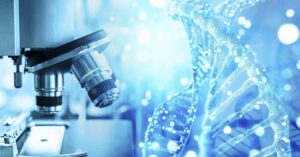 Scientists Identify Defective Gene Linked to Common Heart Disease Microscope with 3D rendering close up of DNA double helix. Science and research concept