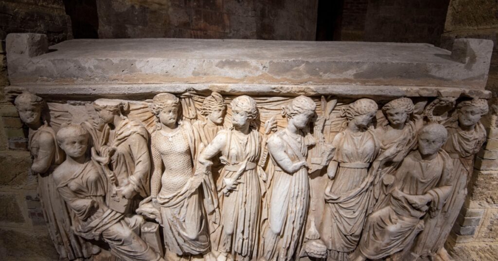 
Palermo, Italy - May 15, 2023: Tomb of nobleman inside the crypt of Palermo Cathedra