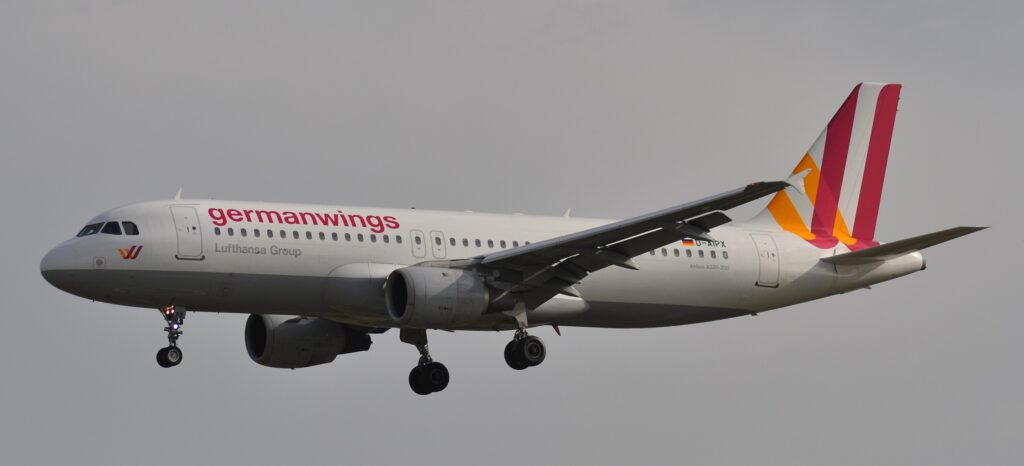 Airbus A320 (D-AIPX) of Germanwings on final approach at Barcelona Airport. This aircraft crashed on 24 March 2015 in the French Alps as Germanwings Flight 9525