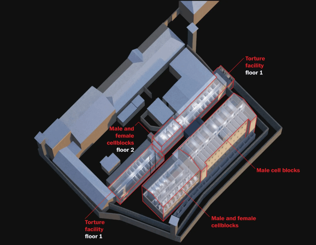 3D architectural model rendering of the Taganrog SIZO-2 detention center showing the facility's layout from above. The model is color-coded and labeled to indicate different areas including "Torture facility floor 1" (marked in two locations), "Male and female cellblocks floor 2", "Male cell blocks", and "Male and female cellblocks". The rendering was created based on testimonies from six former prisoners to document the structure where Ukrainian civilians and prisoners of war were held.