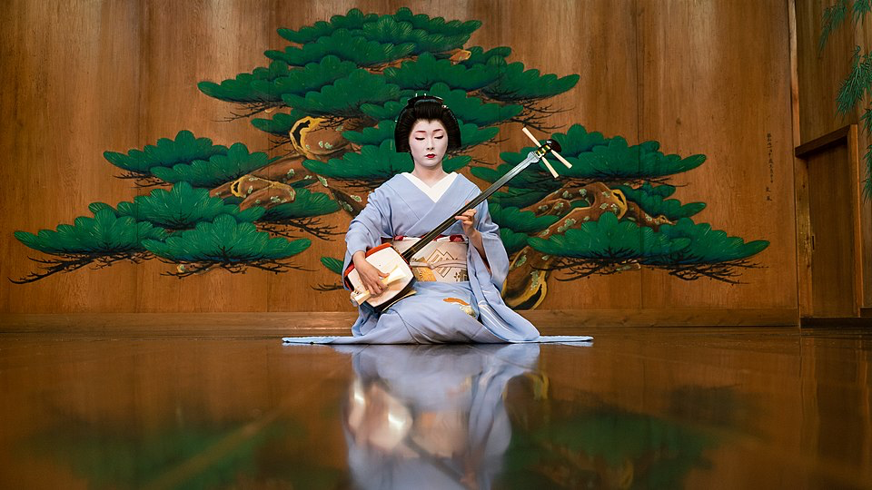 Japanese woman in traditional kimono sitting in formal seiza position with a shamisen instrument, illustrating how different cultures develop distinct feminine sitting customs and expectations.