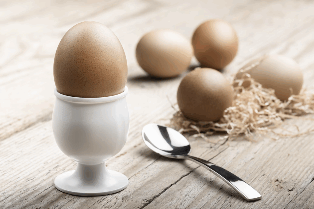 Brown egg in white ceramic egg cup with spoon and more eggs on wooden surface, containing choline and B vitamins that fuel brain mood centers.
