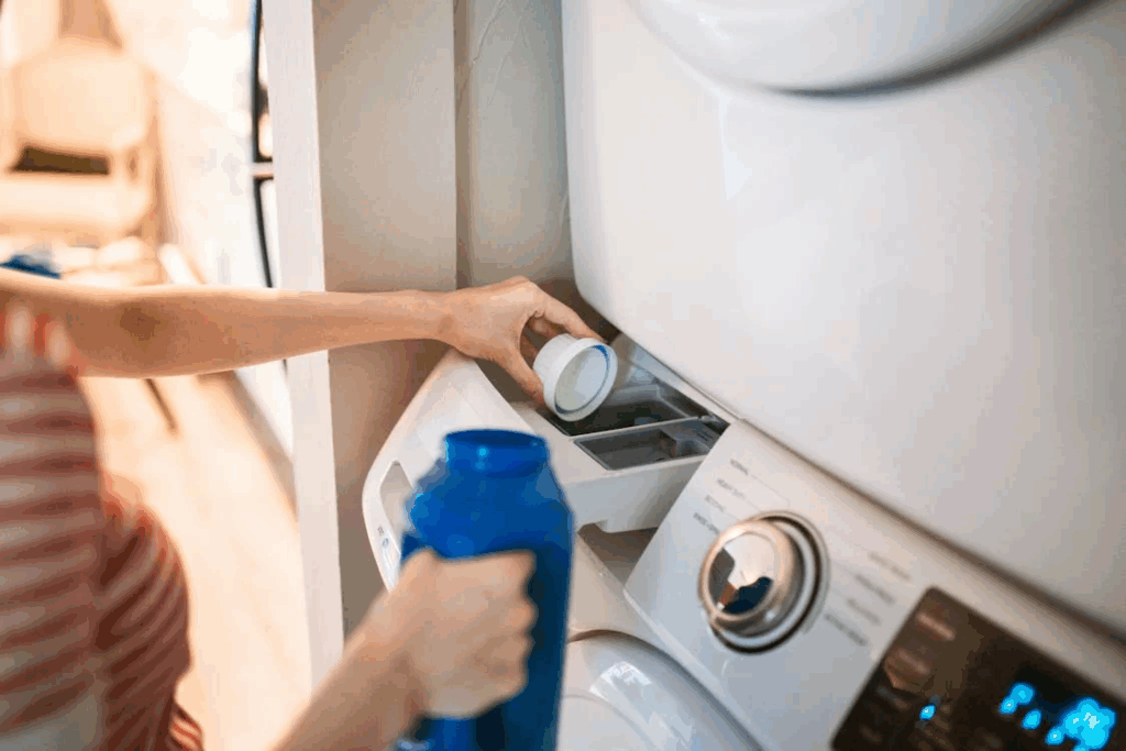 Person putting detergent in a washing machine to clean clothes during scabies treatment. Using hot water and high heat in the dryer kills any mites hiding in your sheets, clothes, and towels. Cleaning everything on the same day you start treatment helps stop scabies from coming back.