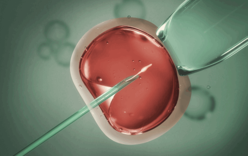 Ovum with needle and sperm for artificial insemination. Concept of artificial insemination or fertility treatment. Close-up
