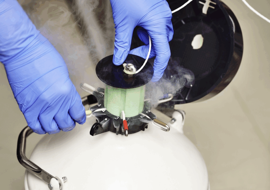 Dewar vessel with liquid nitrogen with frozen embryos and eggs in a cryobank in a modern IVF clinic. Reproductive medicine, in vitro fertilization
