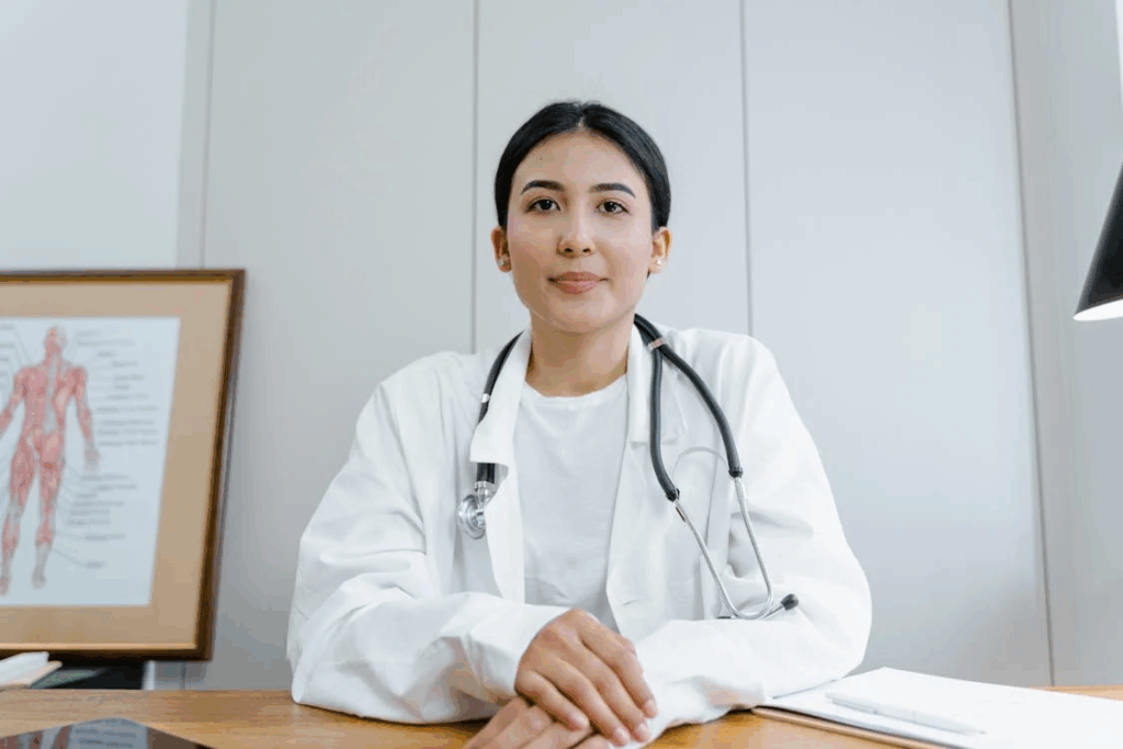 Female doctor in white coat with stethethoscope sitting at desk, representing the medical professionals who recommend consulting your doctor before starting a walking program, especially if you have heart problems.