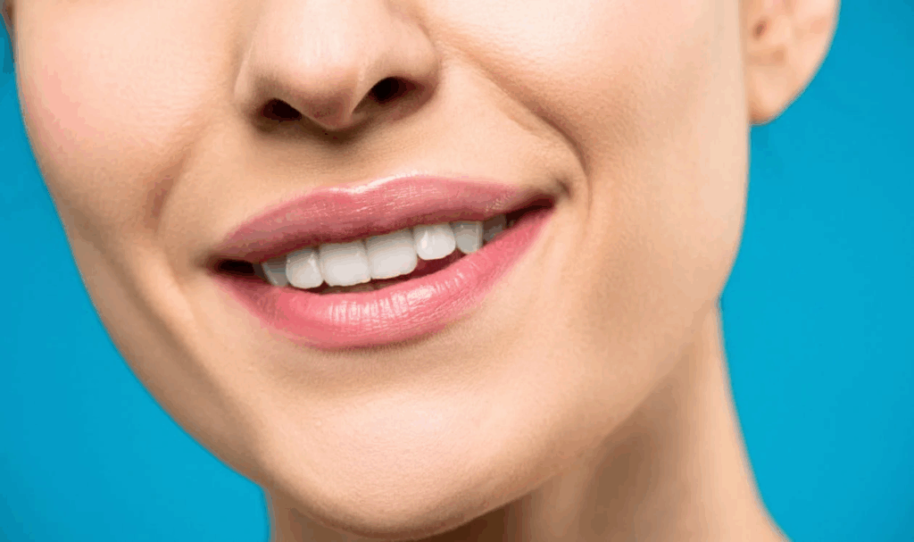 Close-up of woman's genuine smile and clear skin showing physical improvements from liver recovery after drinking.