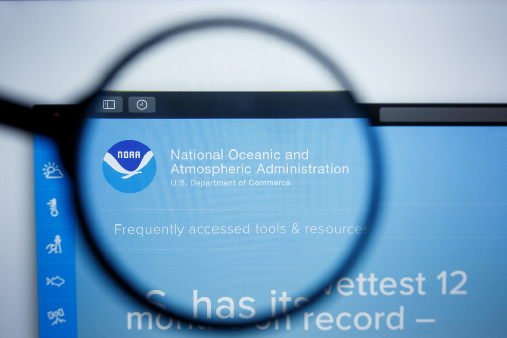 Los Angeles, California, USA - 17 Jule 2019: Illustrative Editorial of NOAA website homepage. National Oceanic and Atmospheric Administration logo visible on display screen.