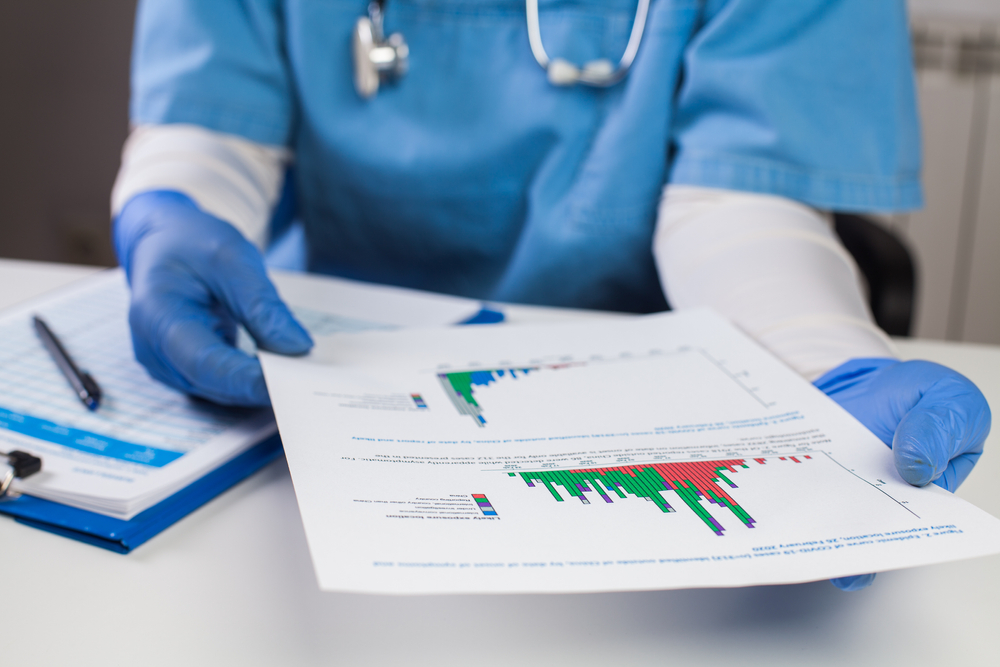 UK doctor wearing protective gloves holding document chart,analyzing COVID-19 graph data,Coronavirus global pandemic outbreak crisis,stats showing number of infected patients,death toll,mortality rate
