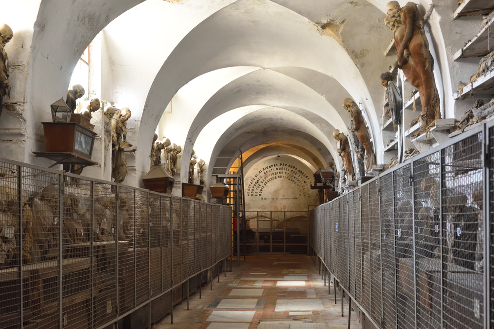 Mummified remains in the catacombs of the Capuchin monastery in Palermo, Sicily. 