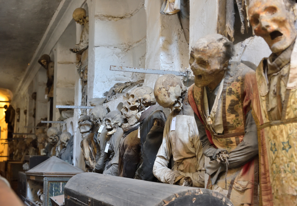Mummified remains in the catacombs of the Capuchin monastery in Palermo, Sicily. 