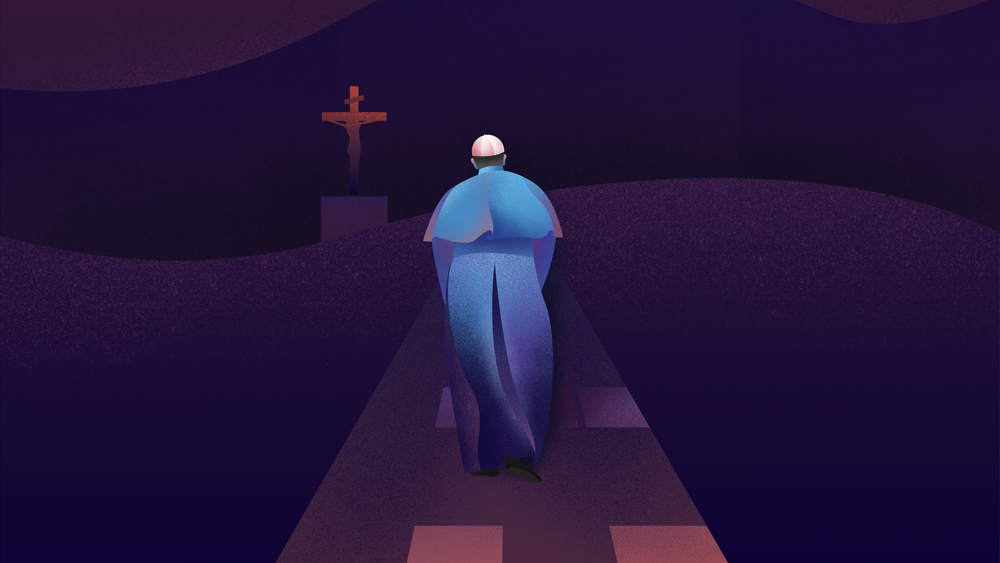 Pope Francis alone at St. Peter Square Lenten Season Pope's praying for the world during the pandemic illustration as Jesus' loneliness