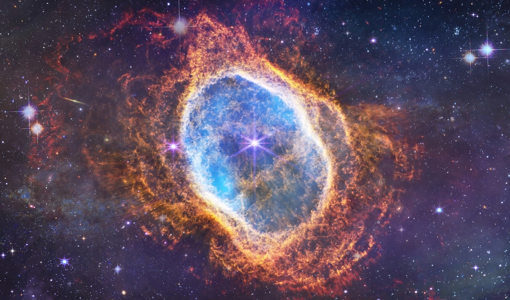 Southern Ring Nebula. Space collage from JWST. James webb telescope research of galaxies. Deep space. Elements of this image furnished by NASA