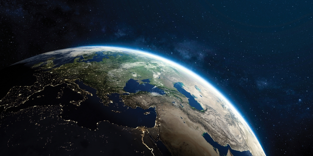 Photo of planet earth on black background at night, Turkey, Europe and Middle East City Lights from space, world map at night, 4K Satellite view.