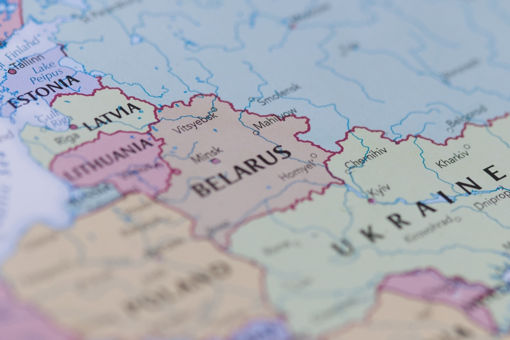 Belarusian, Ukrainian and Russian borders in focus on political map.