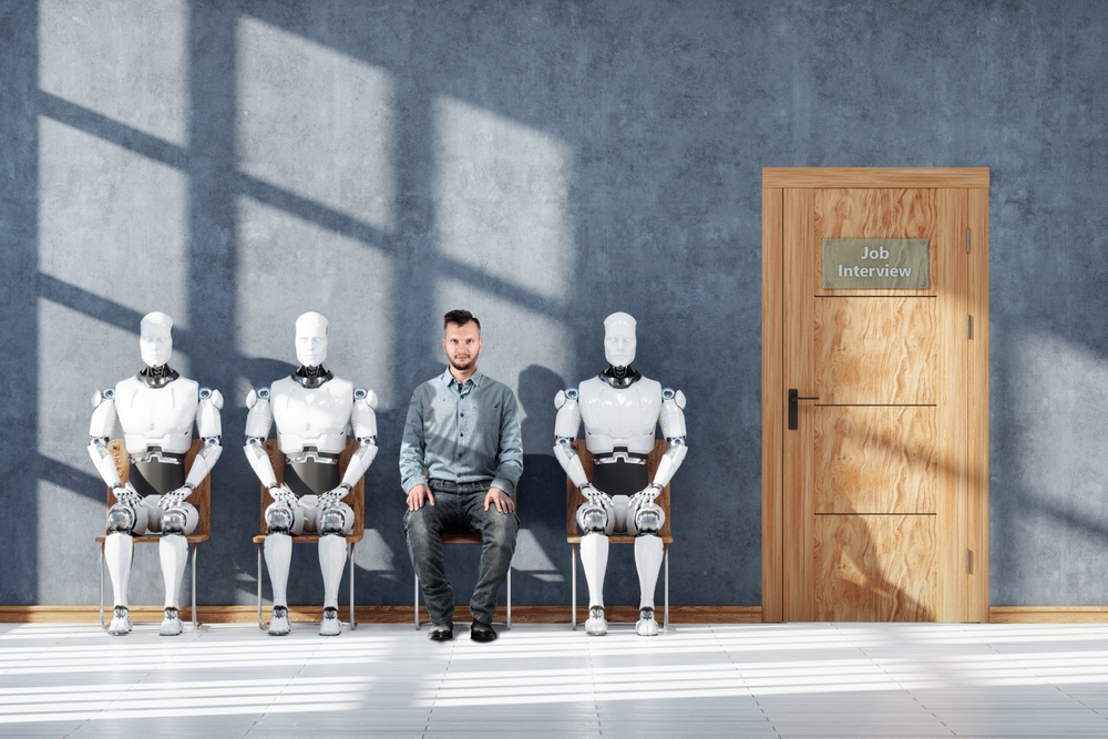 Concept Robots and artificial intelligence are taking away jobs. Robots and humans are sitting waiting for a job interview. Technology, competition, automation. mixed media, copy space.
