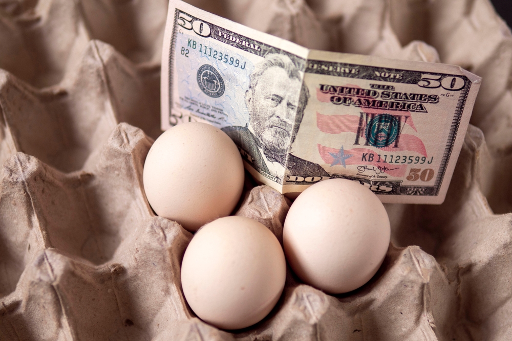 There are eggs in the egg carton and 100 dollars on it, implying an increase in egg prices,