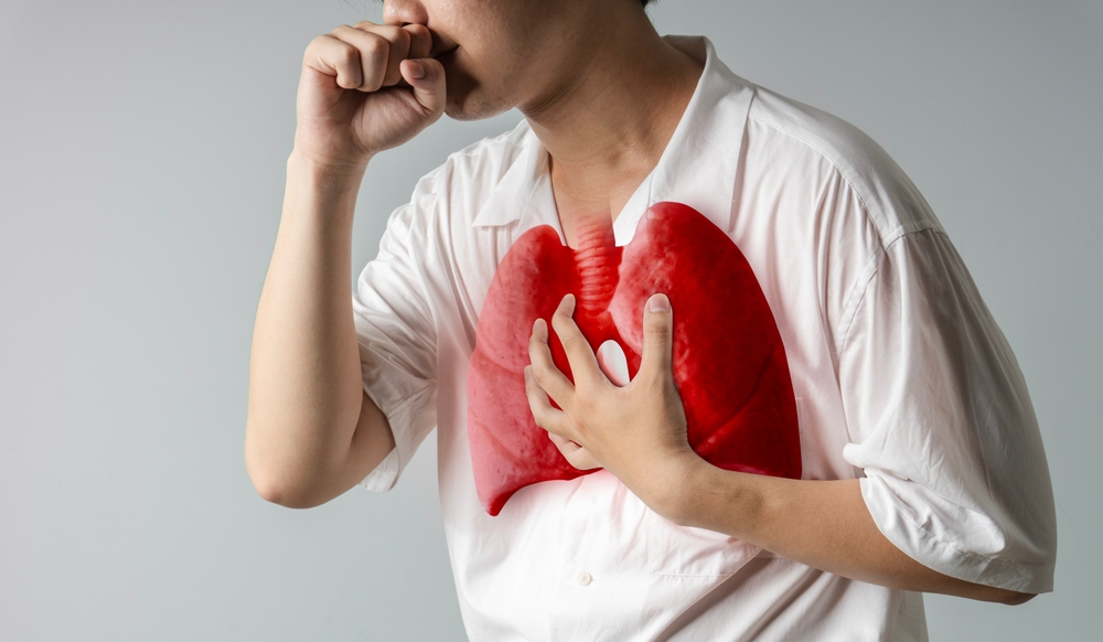 man patients with respiratory or lung diseases, bad air, dust, tuberculosis, lung cancer, emphysema, cough from the flu, and viral infections. Double Exposure with lungs
