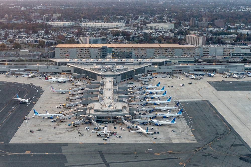 Newark Liberty Airport, Newark, New Jersey, USA - October 31, 2024 - Aerial photograph of the new Terminal A at Newark Liberty Airport EWR featuring United Airlines planes boarding and unloading
