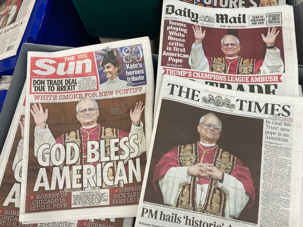 Nottinghamshire, UK 09 May 2025 : Cover picture of UK newspaper widely issue the first American Pope, newly elected Pope Leo XIV
