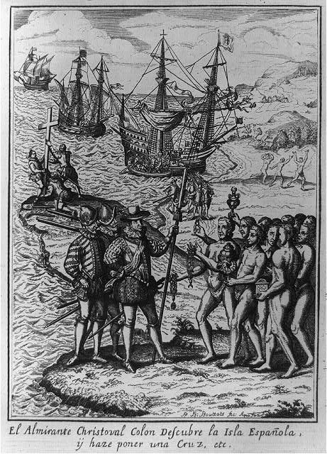 Historical engraving showing Christopher Columbus and Spanish colonizers meeting indigenous people on the shore, with ships visible in the background, illustrating the colonial context referenced in the viral meme.