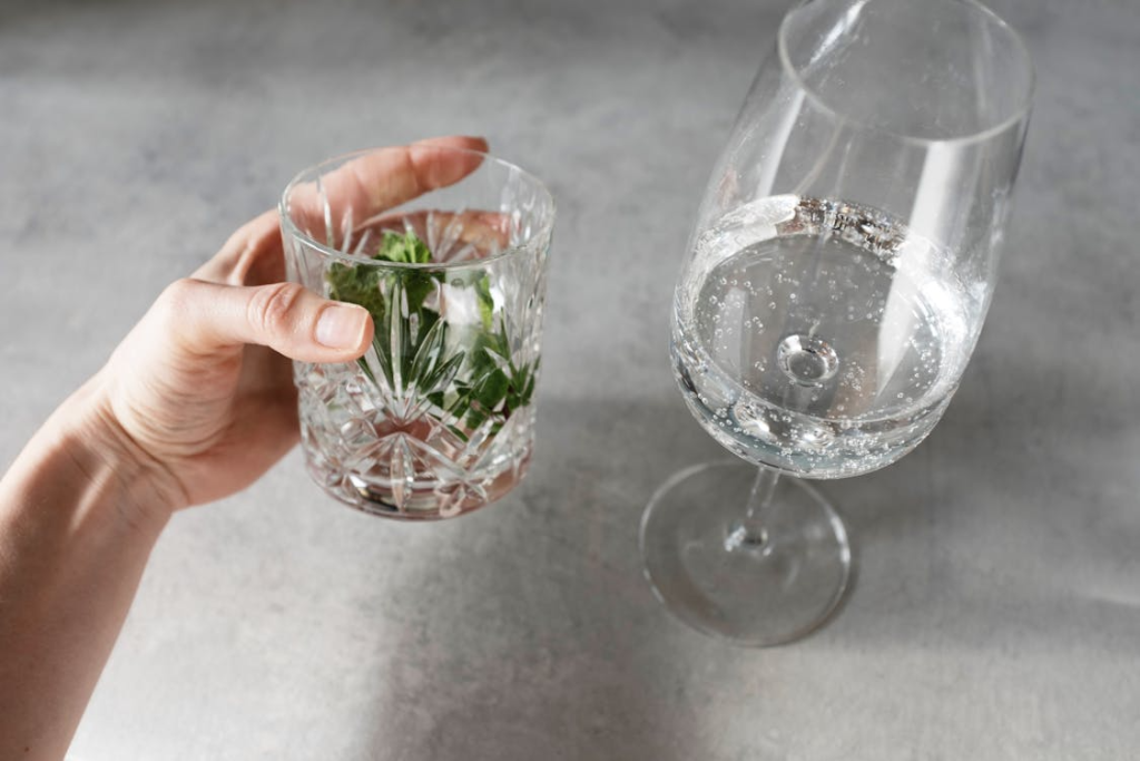Crop person holding glass with herbs and water near wineglass with tonic on gray table
