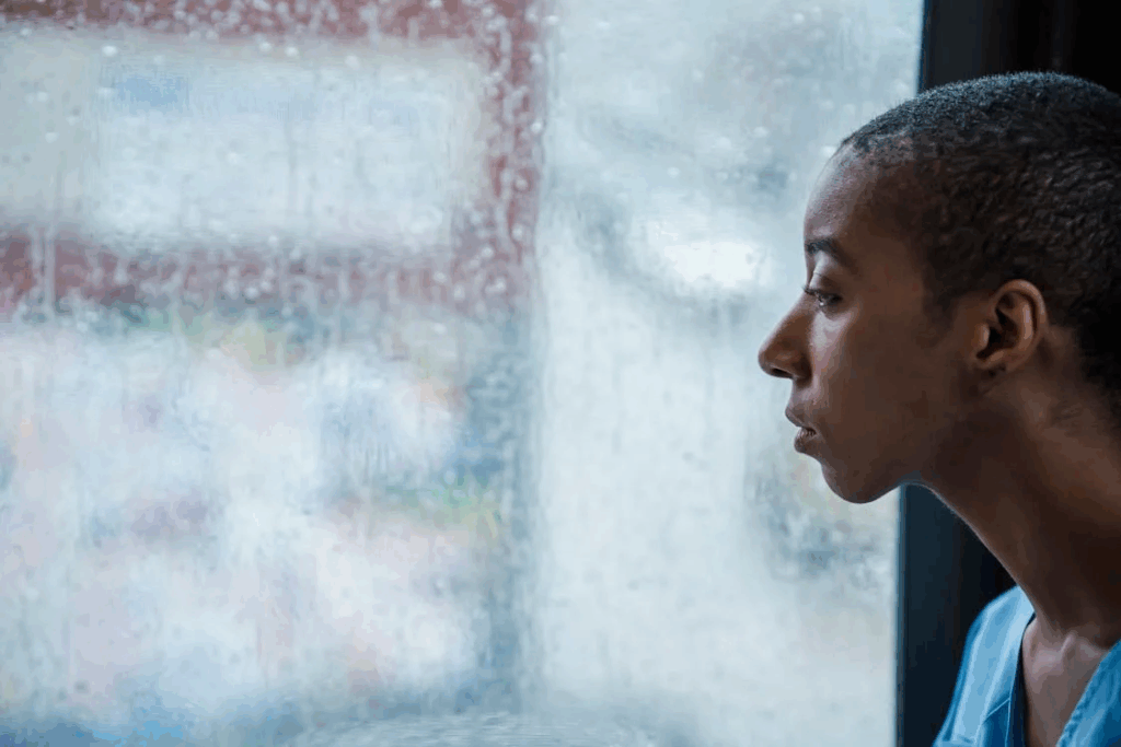 Melancholic black woman sitting near window in rainy day