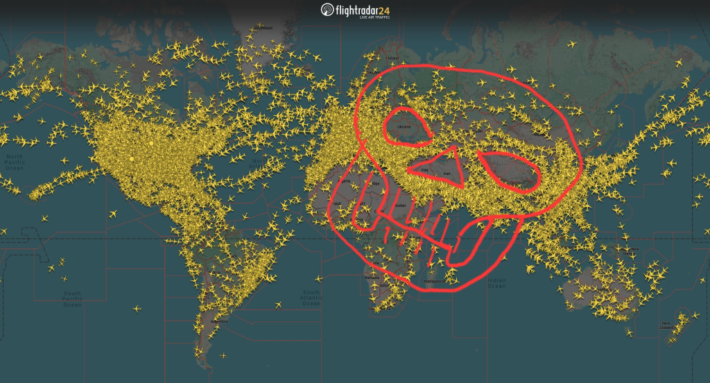 The map produced by @flightradar24, where @phi_ci/X has drawn a skull over to show where it is.