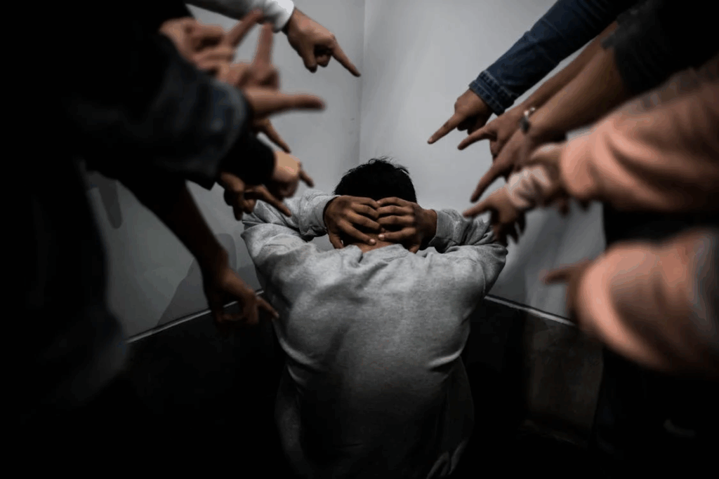 Person sitting in corner covering head while multiple hands point accusingly, representing interpersonal trauma that often precedes hoarding behaviors