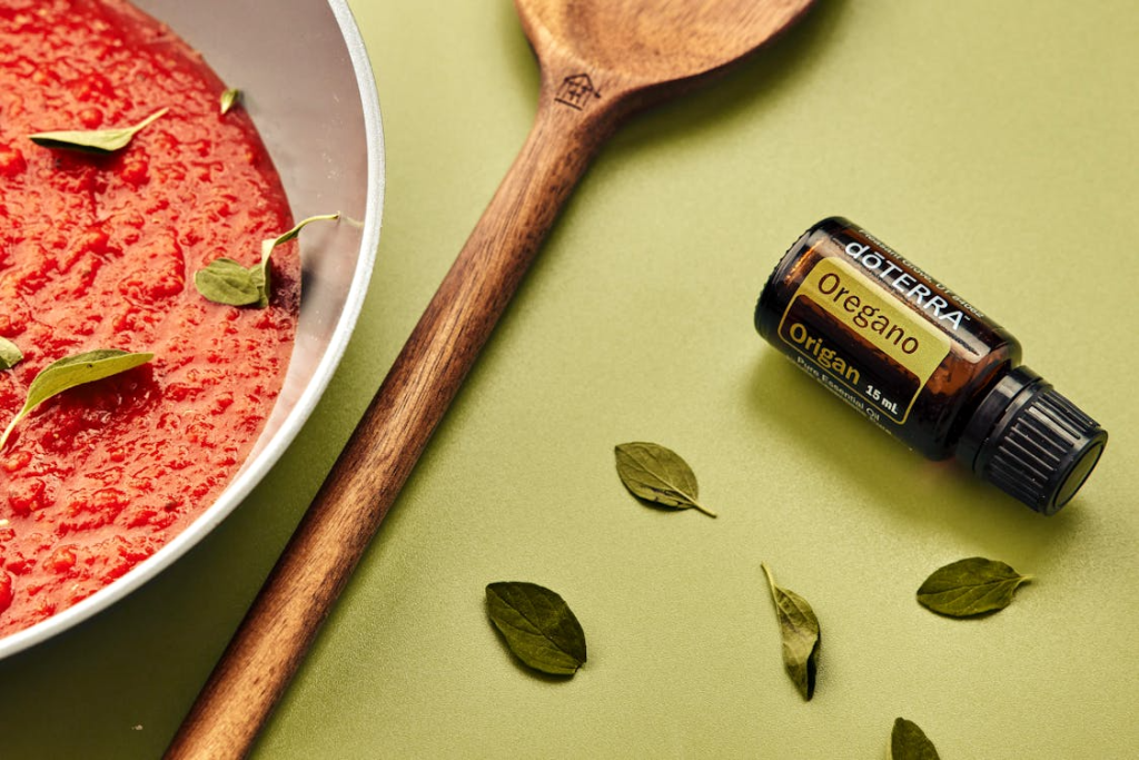 Oregano and Tomato Soup in a Kitchen

