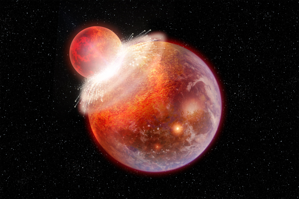 3D illustration of Two Planets Collide in Deep Space