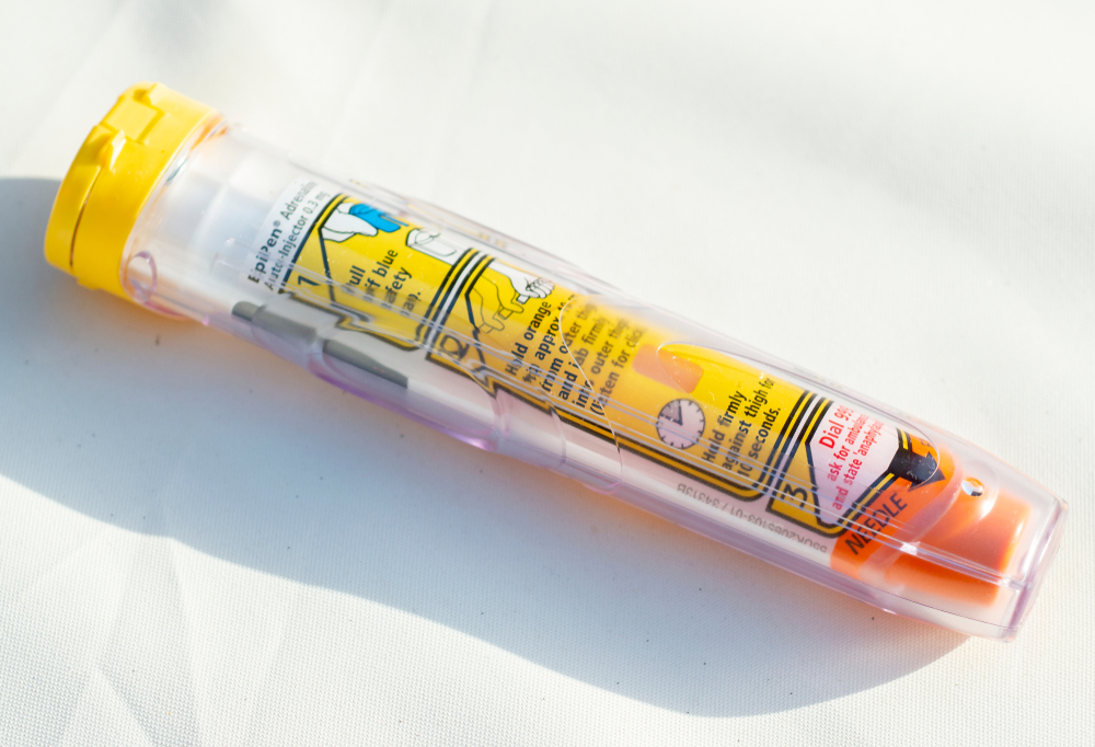 London, England - September 29, 2018: Epinephrine Autoinjector or Epipen is a medical device for injecting doses of epinephrine or adrenaline through a needle into a patient suffering an allergy. 