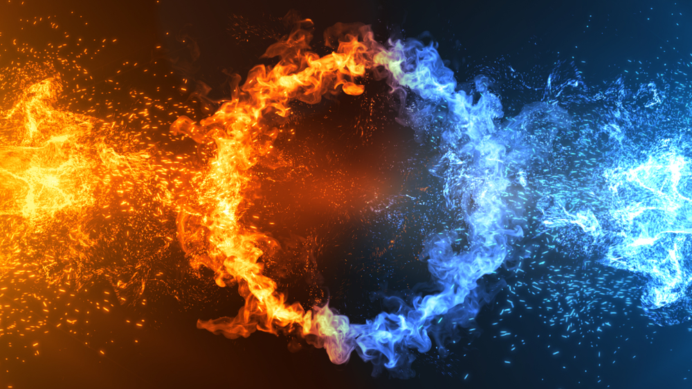 Fire and Ice Concept Design with spark. 3d illustration.