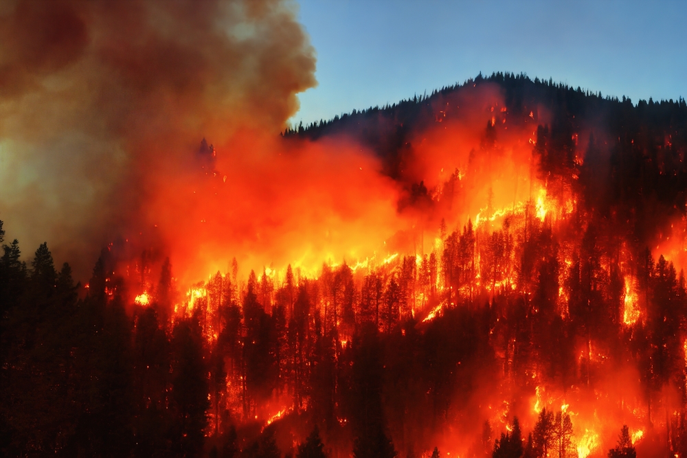 Wildfires or forest fire burning with a lot of smoke
