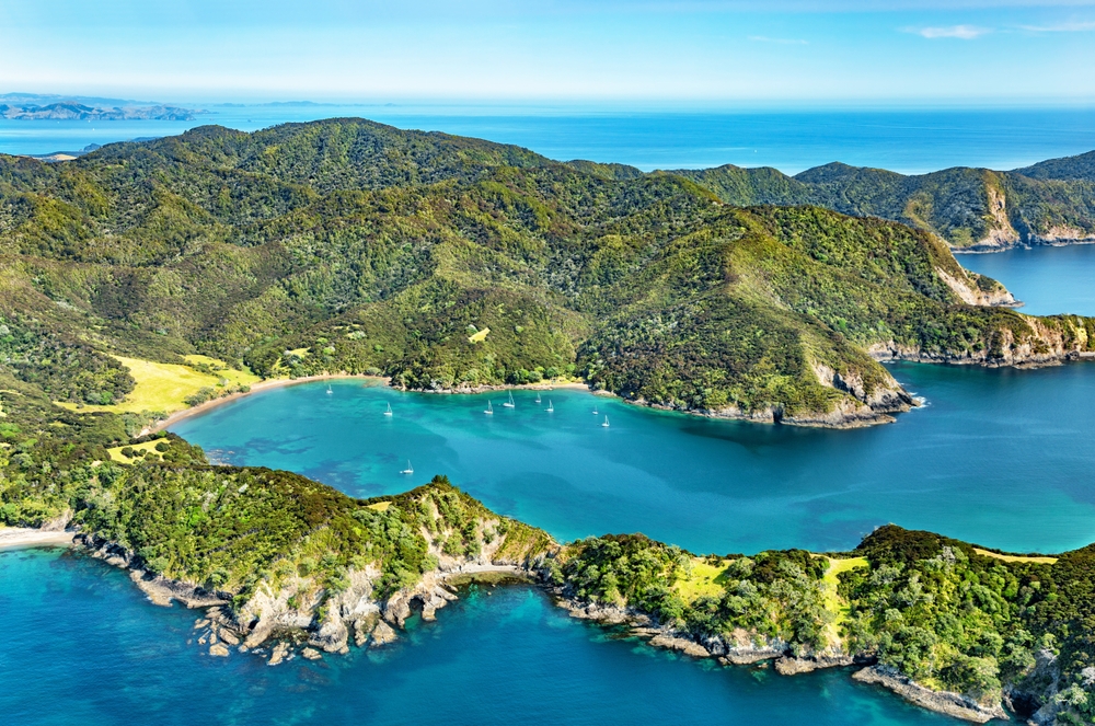 Aerial view of Te Rawhiti Inlet, North Island, New Zealand, Oceania.  
Te Rawhiti Inlet in the Bay of Islands, North Island.