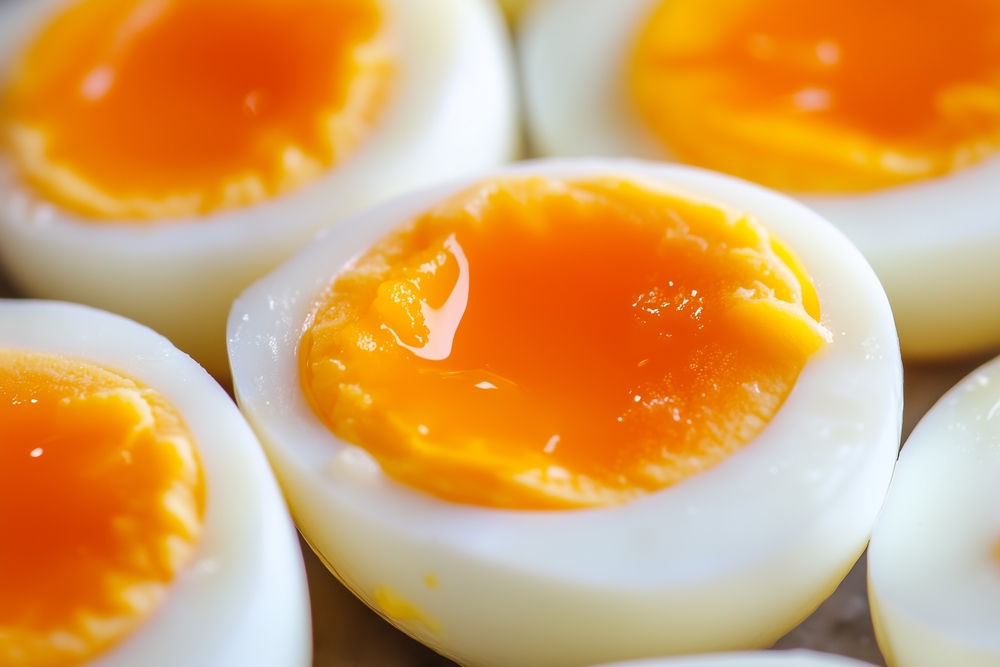 A close up of soft boiled eggs
