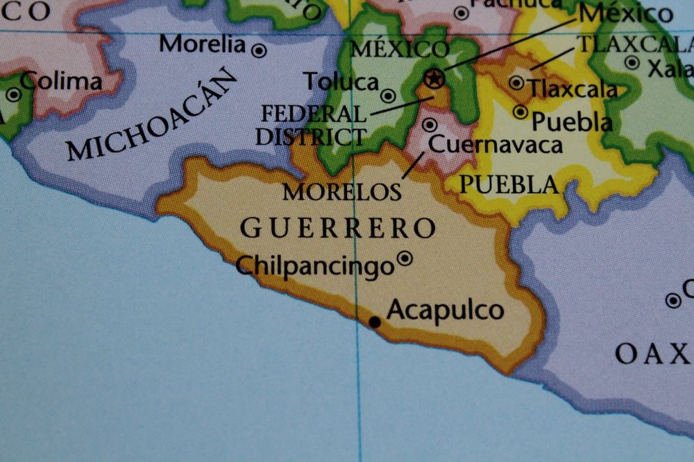 Close up of the Mexico on a map with Guerrero in sharp focus. Guerrero on a map