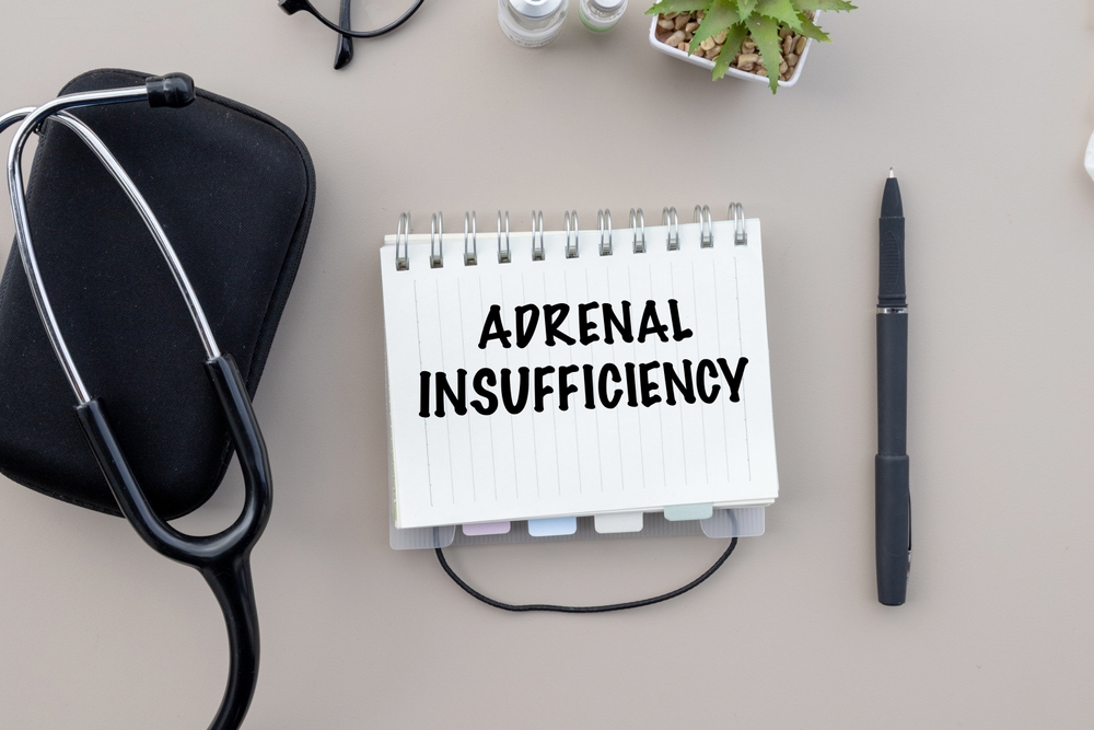 A medical note marked "Adrenal Insufficiency" resting on a doctor’s desk, ensuring healthcare providers are aware of the condition during diagnosis and treatment.