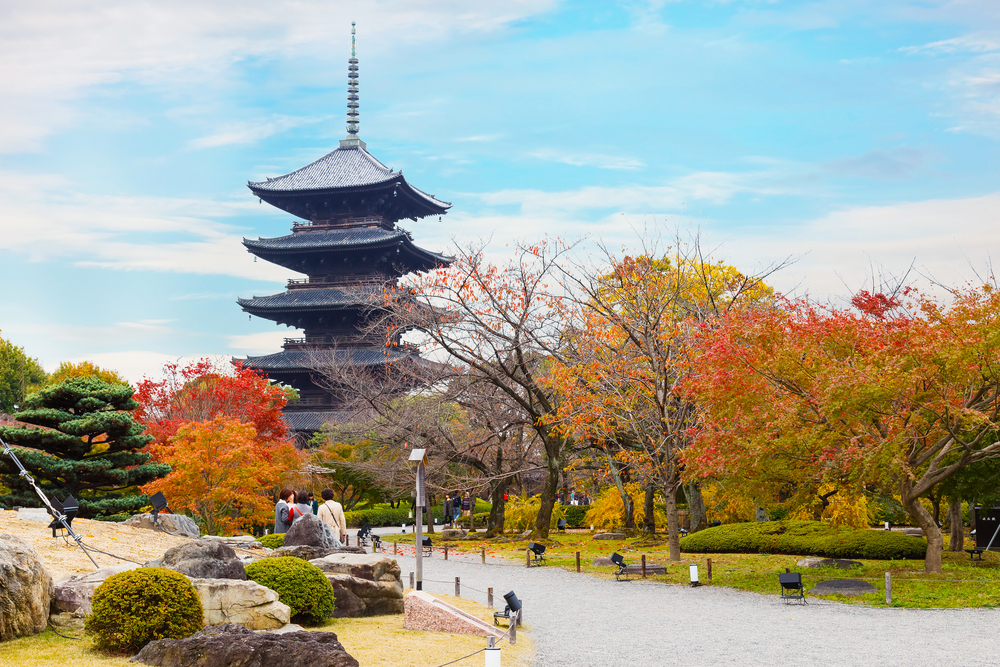 KYOTO, JAPAN - NOVEMBER 23 2015: Toji temple, literally "East Temple", founded at the beginning of  Heian Period, after the capital moved to Kyoto and it's one of Kyoto's UNESCO world heritage sites
