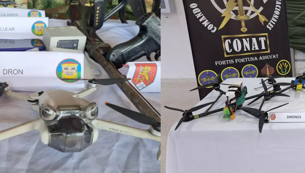 Commercial drone and modified military drone seized by Colombian army, showing how cartels weaponize consumer technology for criminal warfare.