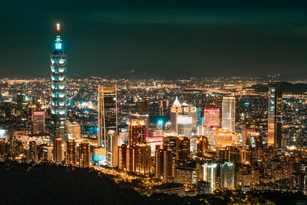 City with Futuristic Skyscrapers at Nighttime
