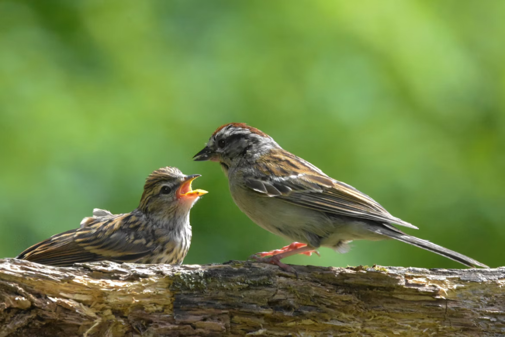 Adult bird feeds young chick on wooden branch, echoing how human mothers once passed chewed food mouth-to-mouth.