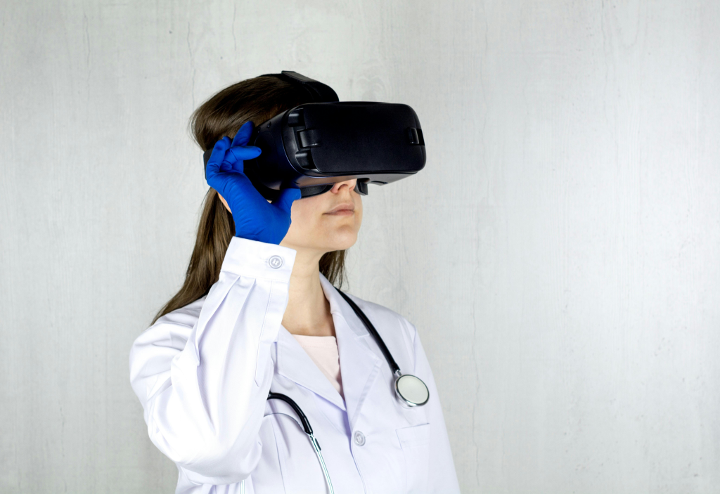 A white-coated researcher using advanced equipment and virtual reality to decode kissing's mysteries.