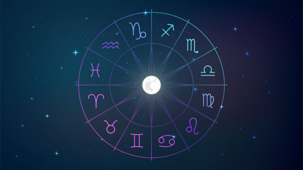 Wheel with twelve signs of the zodiac in night sky, astrology, esotericism, prediction of the future.
