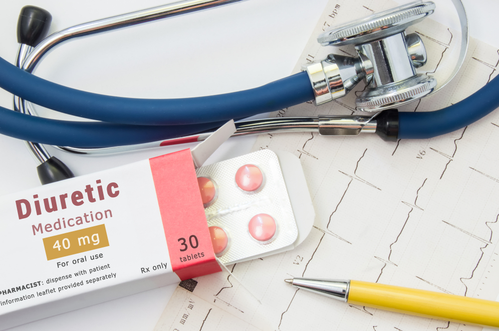 KYIV, UKRAINE-JUNE 20, 2018:  Diuretic drug for heart, kidneys and cardiovascular system. Packing of pills with inscription "Diuretic Medication" for treatment of cardiovascular diseases near EKG